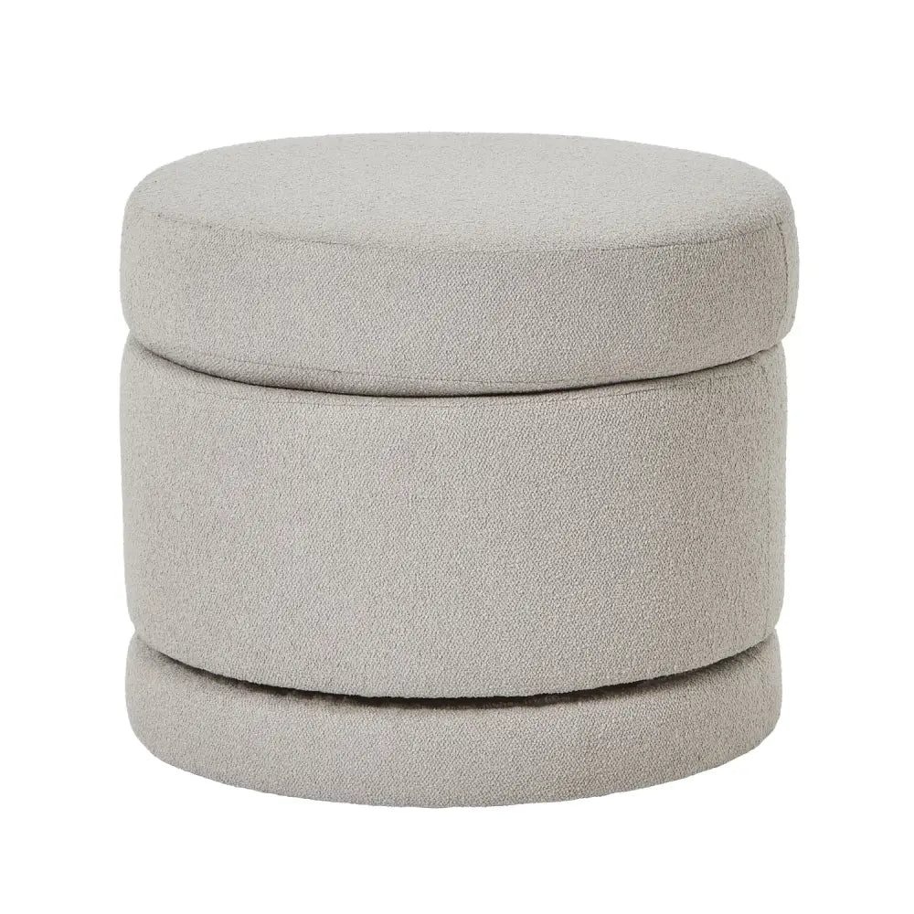 Beige upholstered aspen swivel ottoman with round shape and soft textured fabric finish for comfy storage seating