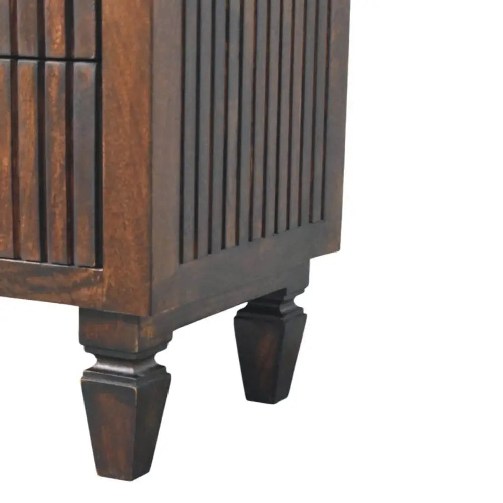 Belmont 2 drawer nightstand in dark brown solid mango wood with vertical slats and turned legs for stylish storage