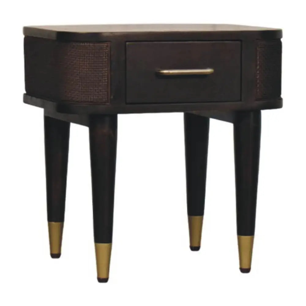 Dark wood belmont bedside nightstand with single drawer brass handle gold tipped legs made from solid mango wood