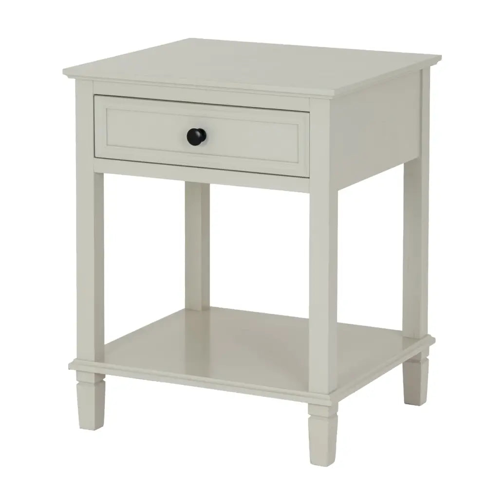 Off-white wooden nightstand from belmont collection features a balanced silhouette with one drawer and open shelf