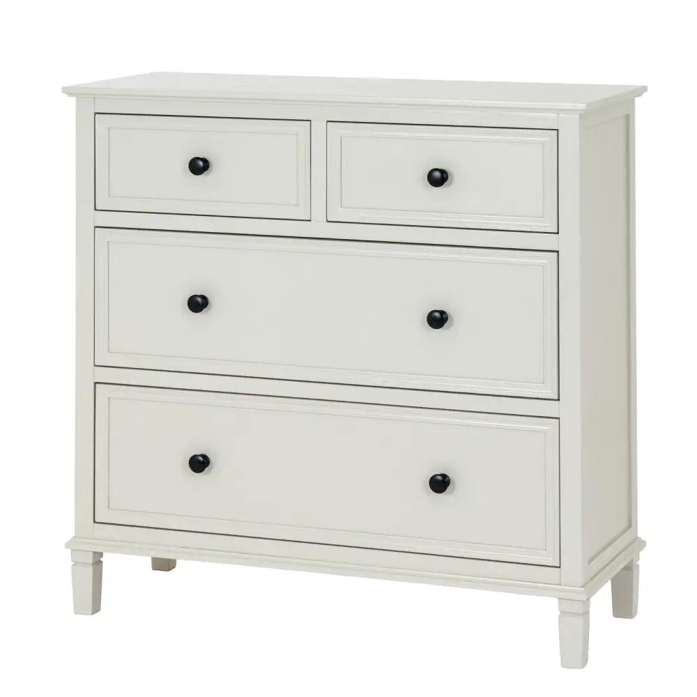 White painted wooden drawer chest from belmont collection with four drawers and black round knobs in tonal finish