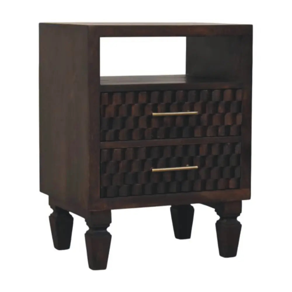 Dark wood cadiz carved bedside table with two drawers, geometric pattern, and gold-tone handles for stylish storage