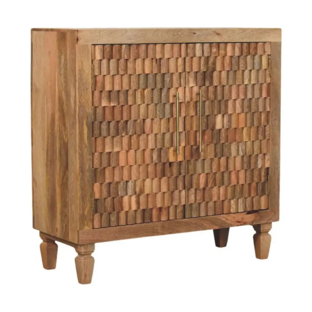 Rustic cadiz carved block cabinet with woven reclaimed wood slats in warm brown tones and turned legs