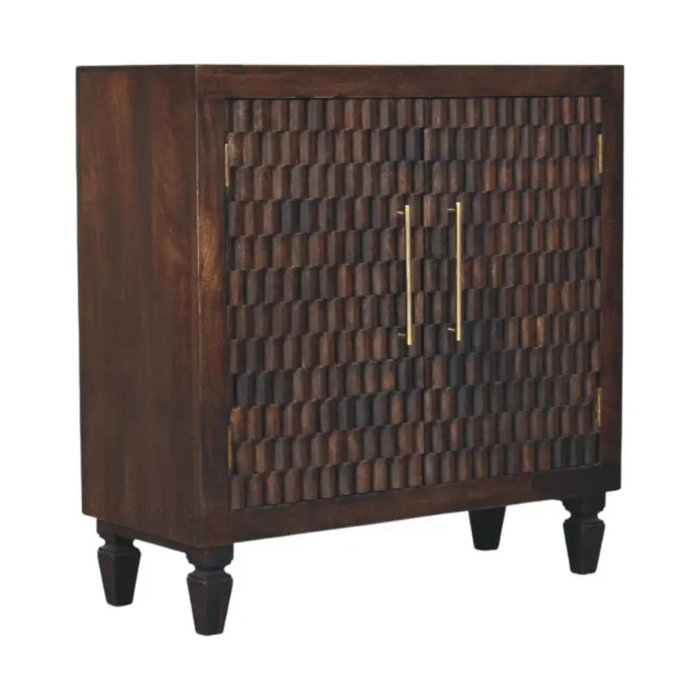 Dark brown wooden cadiz carved panel cabinet with textured woven doors and slim gold handles