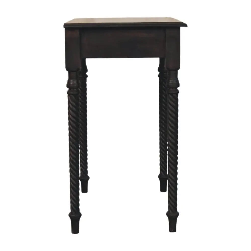 Dark wood writing desk with twisted rope legs made of solid mango wood perfect for stylish home offices