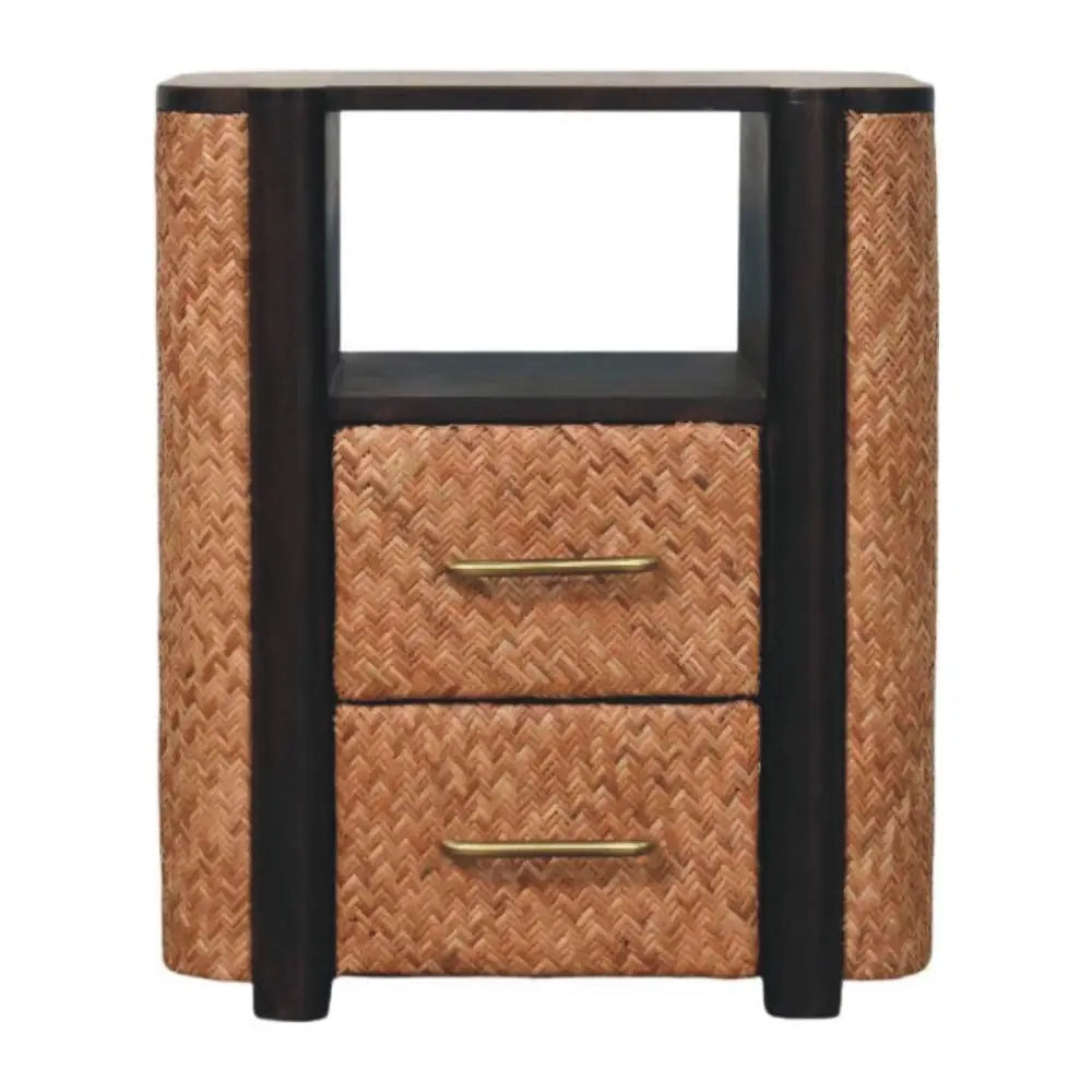 This havana nightstand features a modern two-drawer design with black solid mango wood sides and tan rattan panels