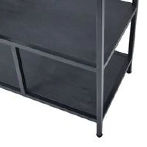 Large black multi shelf unit with two tiers and minimalist black metal frame perfect for versatile storage