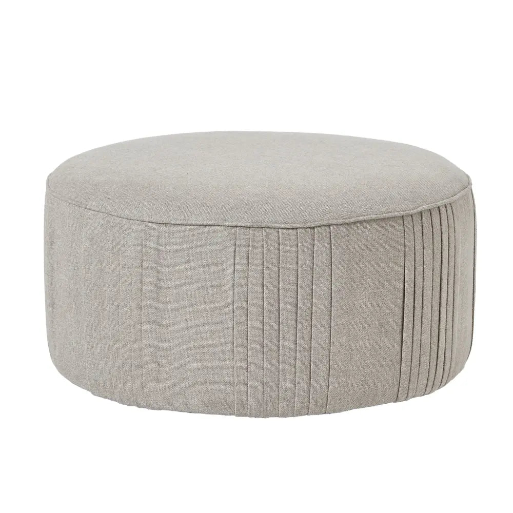 Beige upholstered lily swivel ottoman in oatmeal twill with vertical pleats for stylish comfy seating