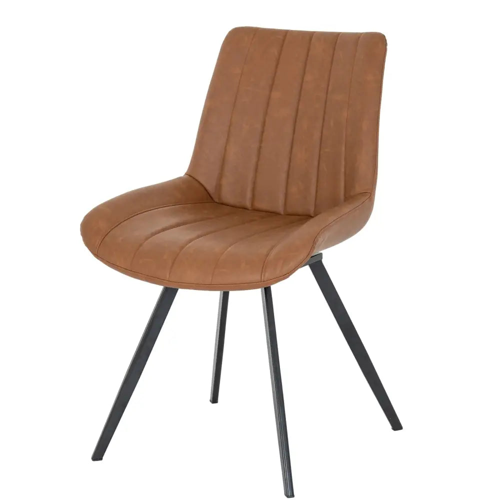 Brown leather-like malmo tan swivel dining chair with vertical stitching and black metal legs
