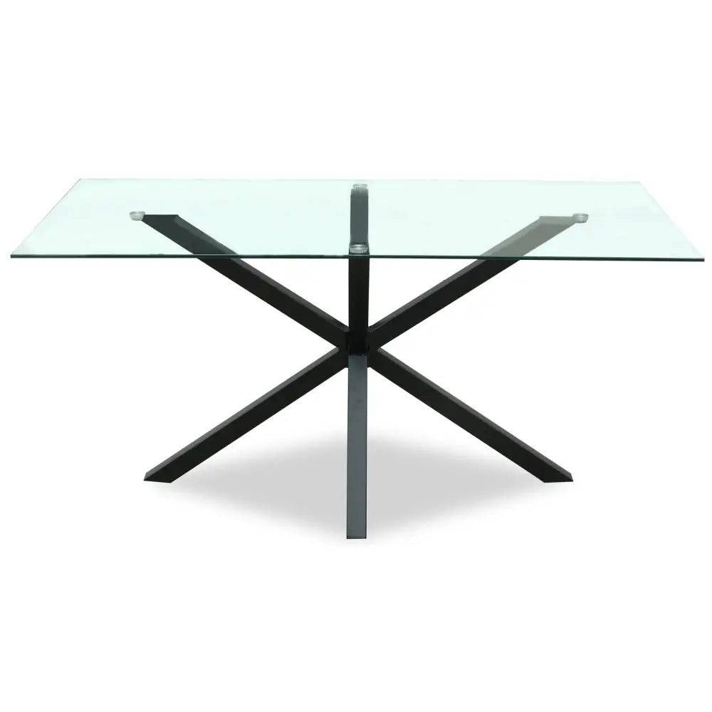 Monza rectangular glass dining table with a sleek black metal x-shaped base and clear glass top for modern dining