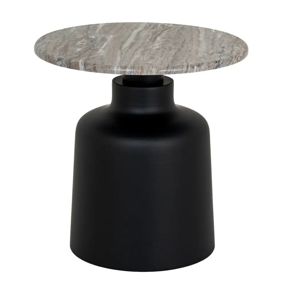 Oura round side table with sleek black cylindrical base, circular silhouette, tapered legs, and gray marble top