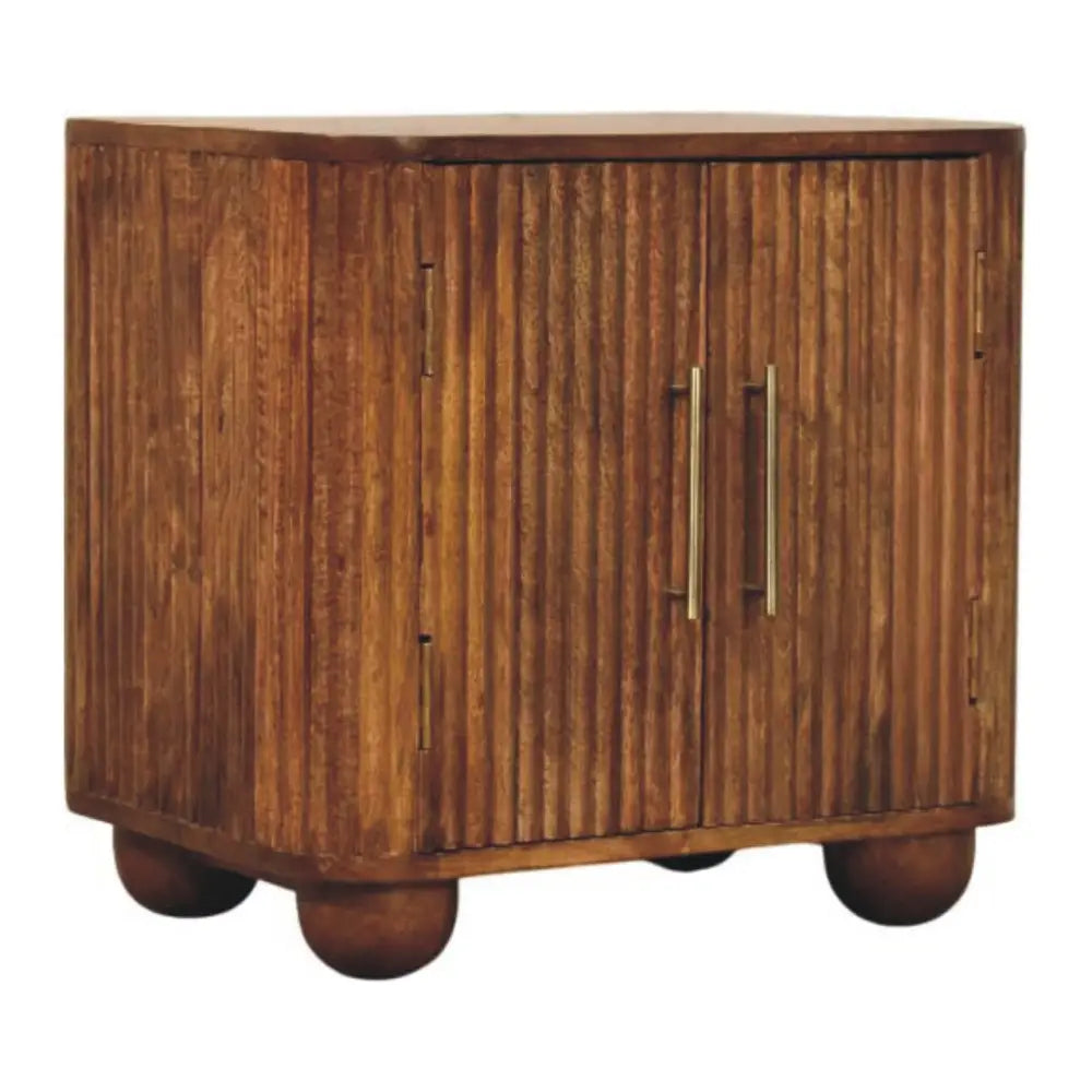 Brown wooden solis fluted mini sideboard with vertical slats and rounded ball feet perfect as a mini sideboard