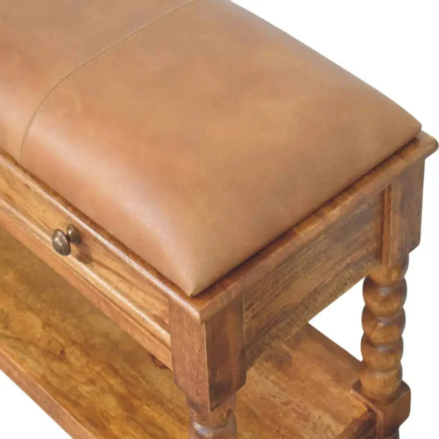 Tan leather spindle leather bench with solid mango wood turned legs and drawer for stylish storage seating
