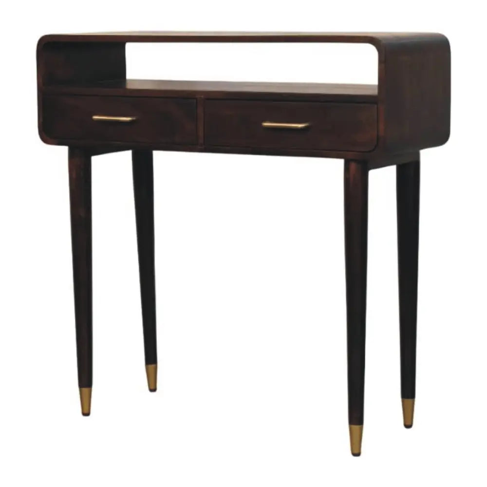 Valenza console table in dark solid mango wood with two drawers gold handles and brass leg caps