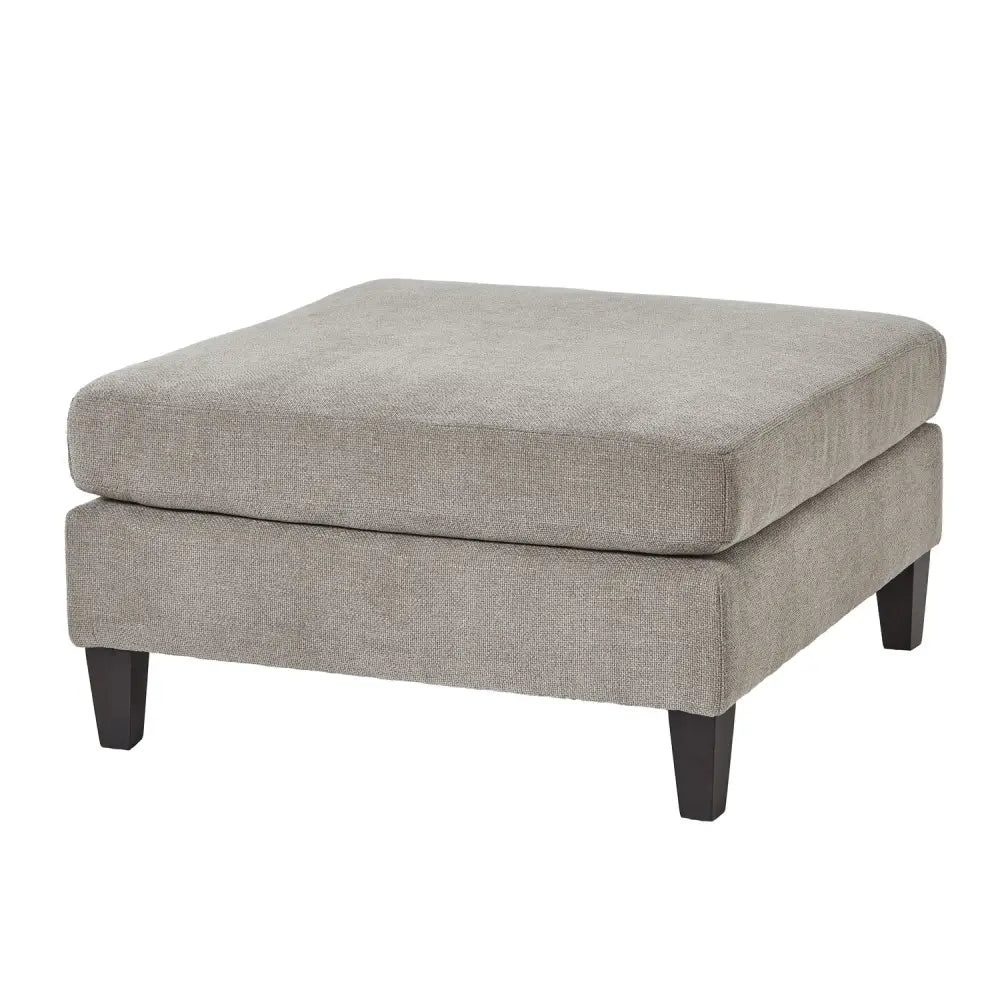 Vesper taupe ottoman foot stool with gray textured fabric and dark wooden legs perfect for extra seating or resting feet