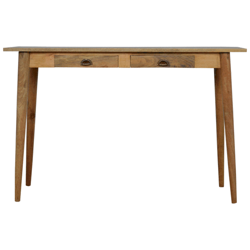 Light oak wood drawer nordic writing desk with two drawers and dark metal handles ideal as writing desk