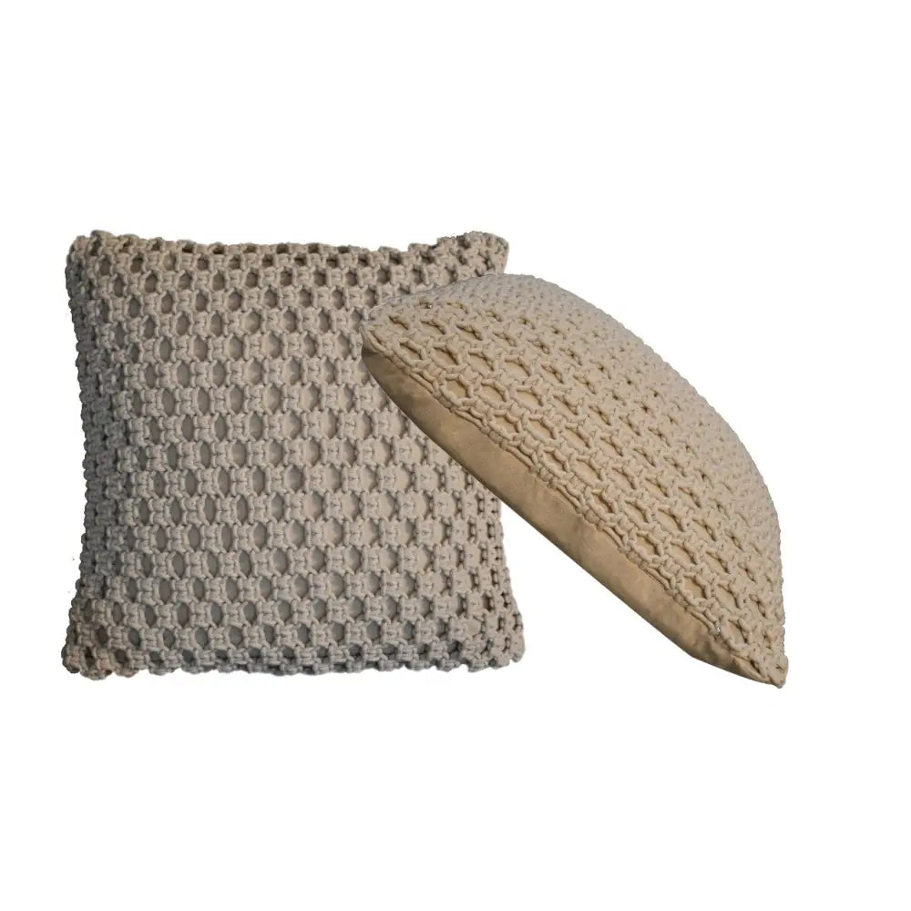 Beige macrame-textured square pillow with soft woven pattern and tan lining from myra natural white cushions set
