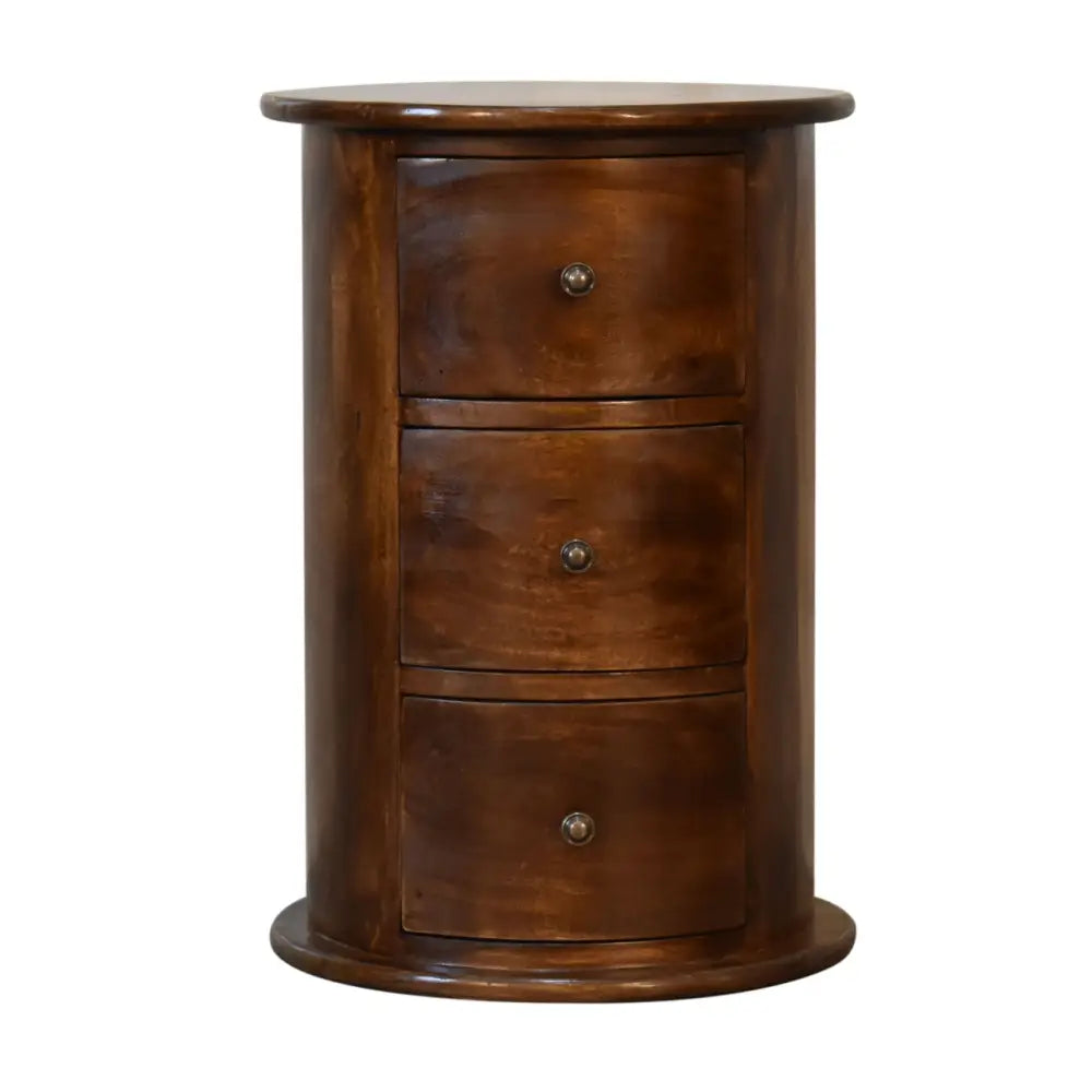 Dark brown wooden chestnut drum nightstand with three drawers and round metal knobs for opulent furniture style
