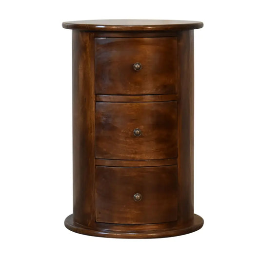 Dark brown wooden chestnut drum nightstand with three drawers and round metal knobs for opulent furniture style