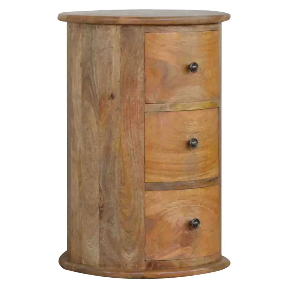 Rustic oval wooden 3 drawer drum chest with dark metal knobs perfect as a nightstand or storage piece