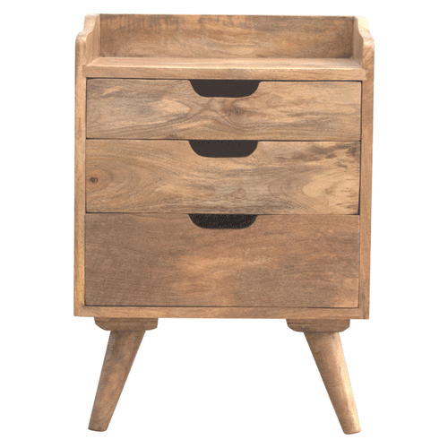 A rustic wooden 3 drawer gallery bedside with black handles and angled legs for cozy bedroom storage