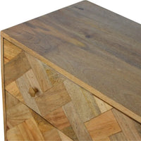 A rustic 3 drawer patchwork chest with zig zag herringbone pattern made of warm reclaimed wood
