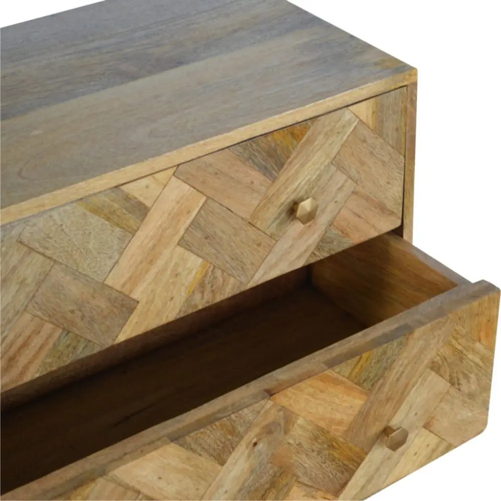 Rustic 3 drawer patchwork chest with zig zag herringbone pattern in natural reclaimed wood and brass knobs