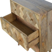 A rustic 3 drawer patchwork chest with zig zag herringbone pattern in reclaimed natural wood finish
