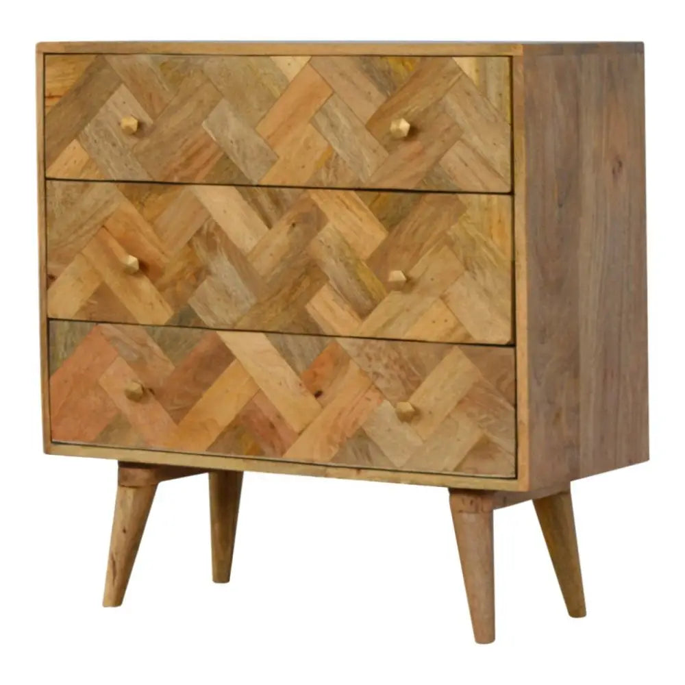 3 drawer patchwork chest with zig zag herringbone pattern made from reclaimed wood in natural tones with tapered legs