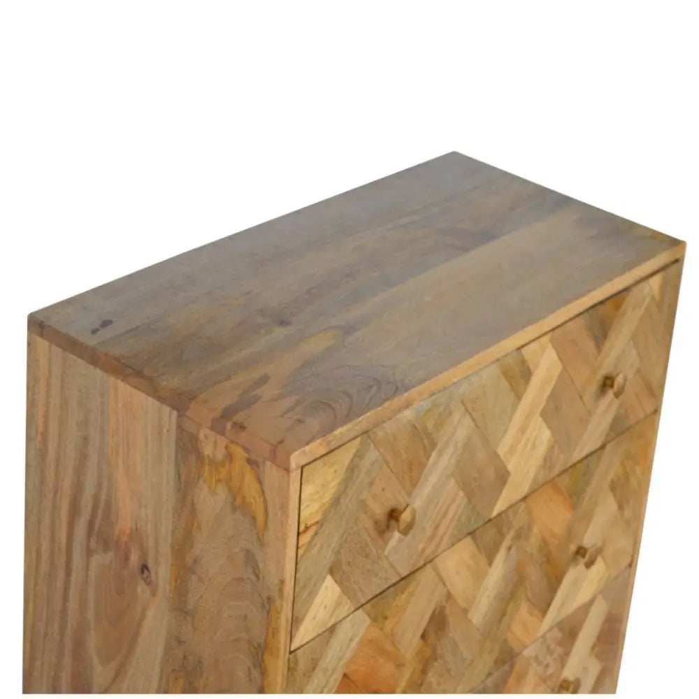 A rustic 3 drawer patchwork chest with zig zag herringbone pattern made from light and medium reclaimed wood