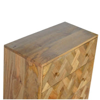 A rustic 3 drawer patchwork chest with zig zag herringbone pattern made from light and medium reclaimed wood