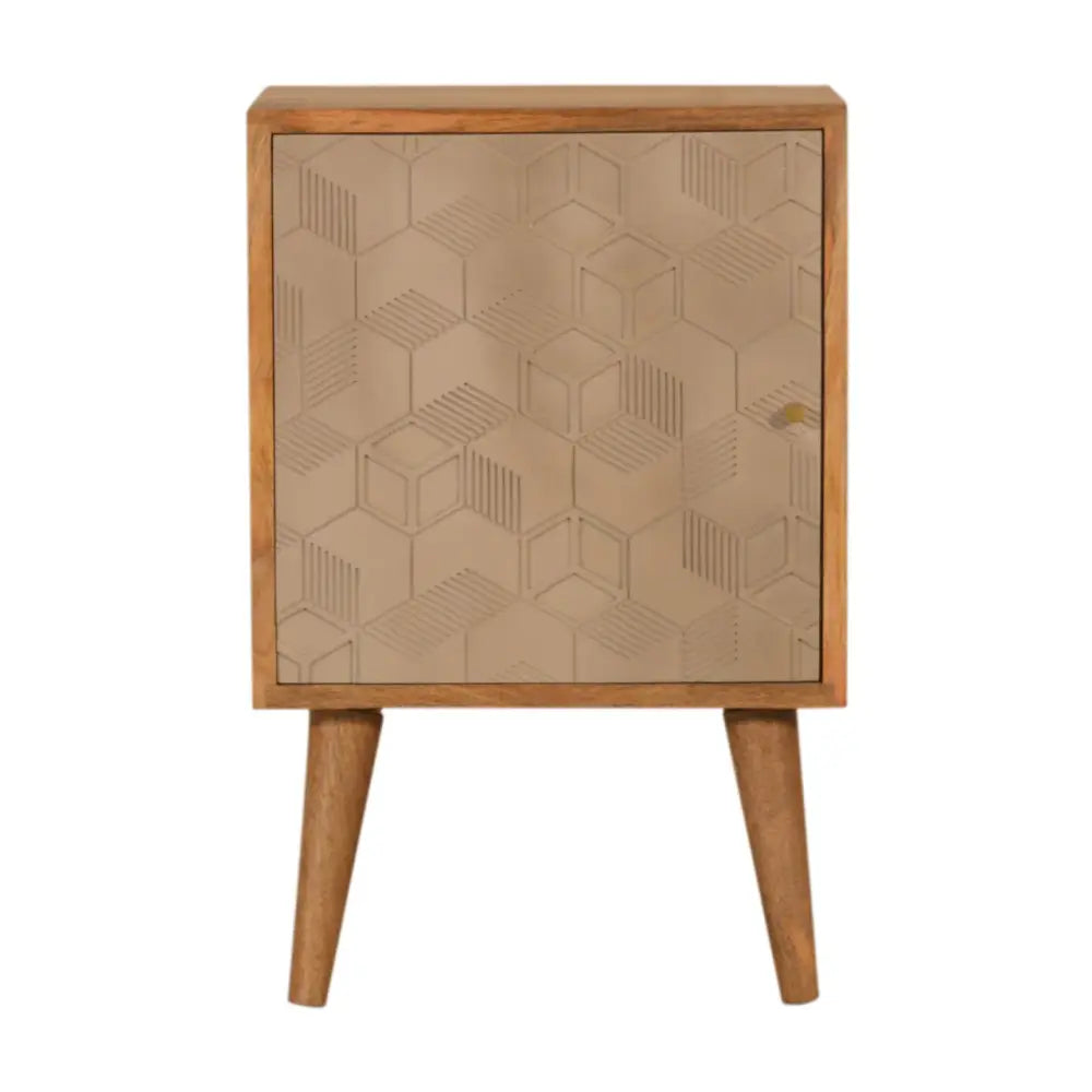 A mid-century modern acadia bedside with light wood frame and beige door featuring a geometric hexagonal pattern