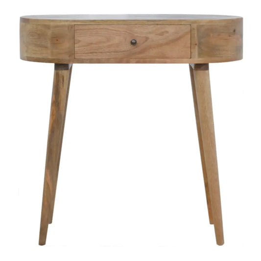 Albion console is a light wood oval console table with a single drawer and tapered legs perfect for entryways