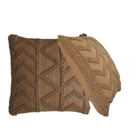 Tan textured knit alda cushion set with raised geometric pattern and matching fabric tie in coffee color