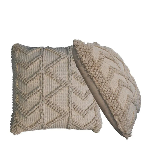 Beige textured alda cushion set with woven geometric pattern and fringed edges in cream color for cozy decor