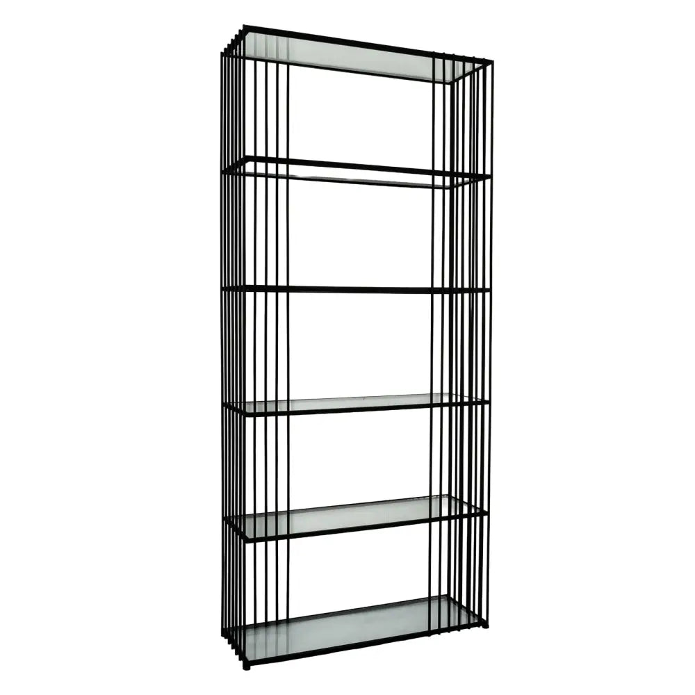 Black metal wireframe alto shelf unit with clear glass shelves for stylish storage and display