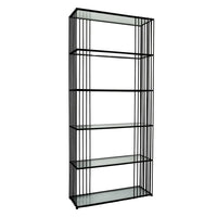 Black metal wireframe alto shelf unit with clear glass shelves for stylish storage and display