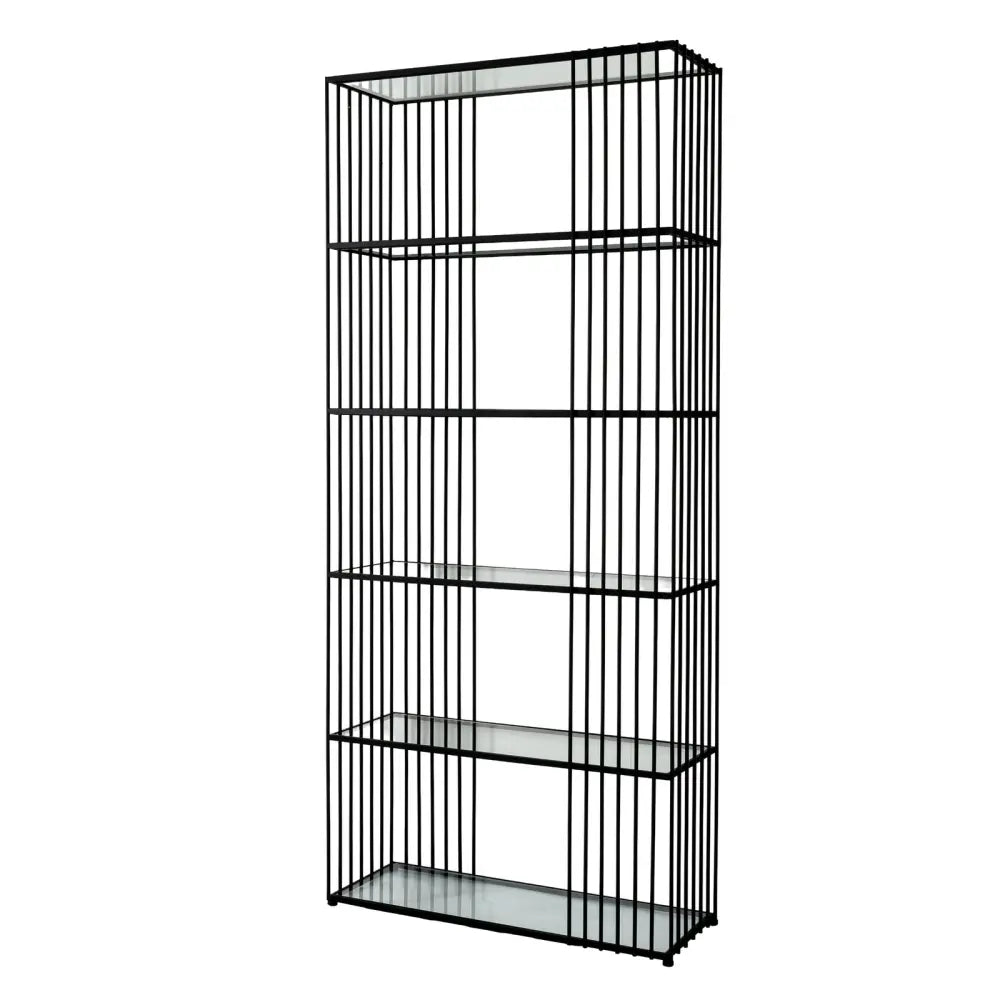 Black metal alto shelf unit with vertical bars and clear glass shelves for stylish storage and display
