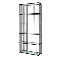 Black metal alto shelf unit with vertical bars and clear glass shelves for stylish storage and display
