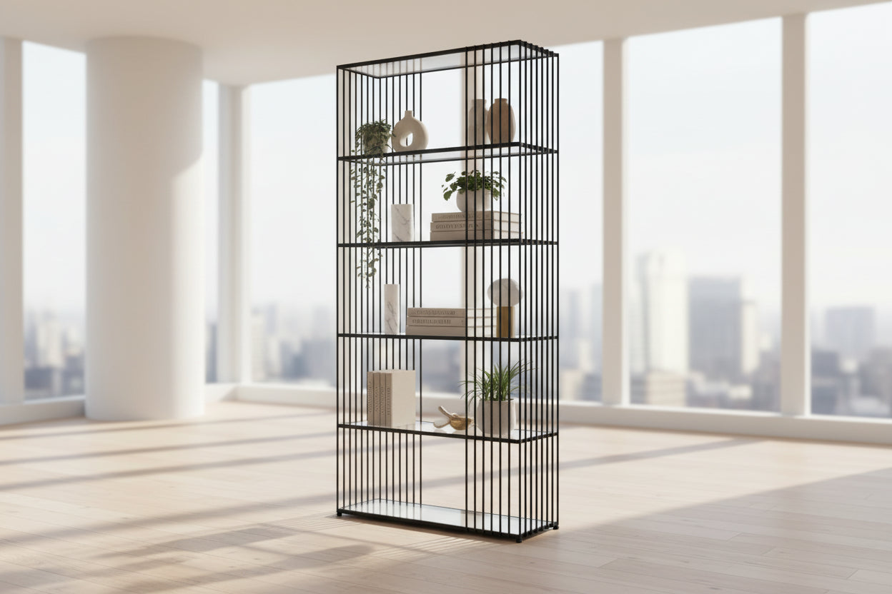 Black metal alto shelf unit with vertical bars and clear glass shelves for stylish storage and display