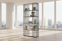 Black metal alto shelf unit with vertical bars and clear glass shelves for stylish storage and display