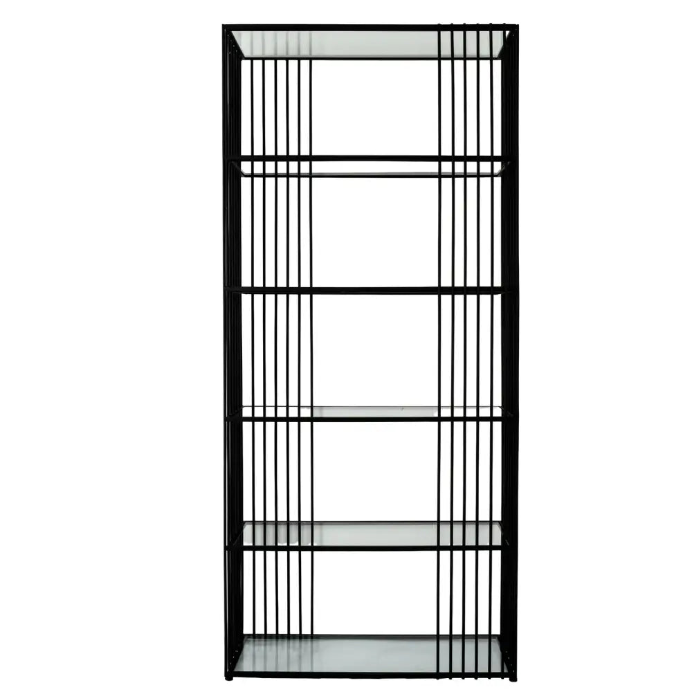 Black metal alto shelf unit with five clear glass shelves and vertical slats for stylish storage and display
