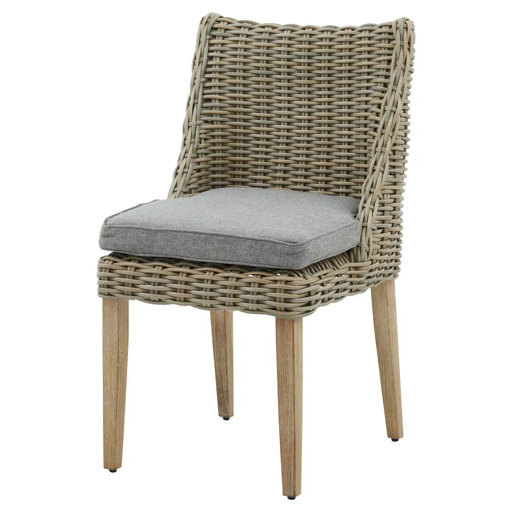 Woven gray rattan amalfi collection outdoor dining chair with cushioned seat and light wood legs for outdoor dining