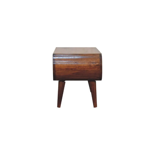 A sleek dark brown wooden amaya nordic style coffee table with curved front and tapered legs perfect for any room