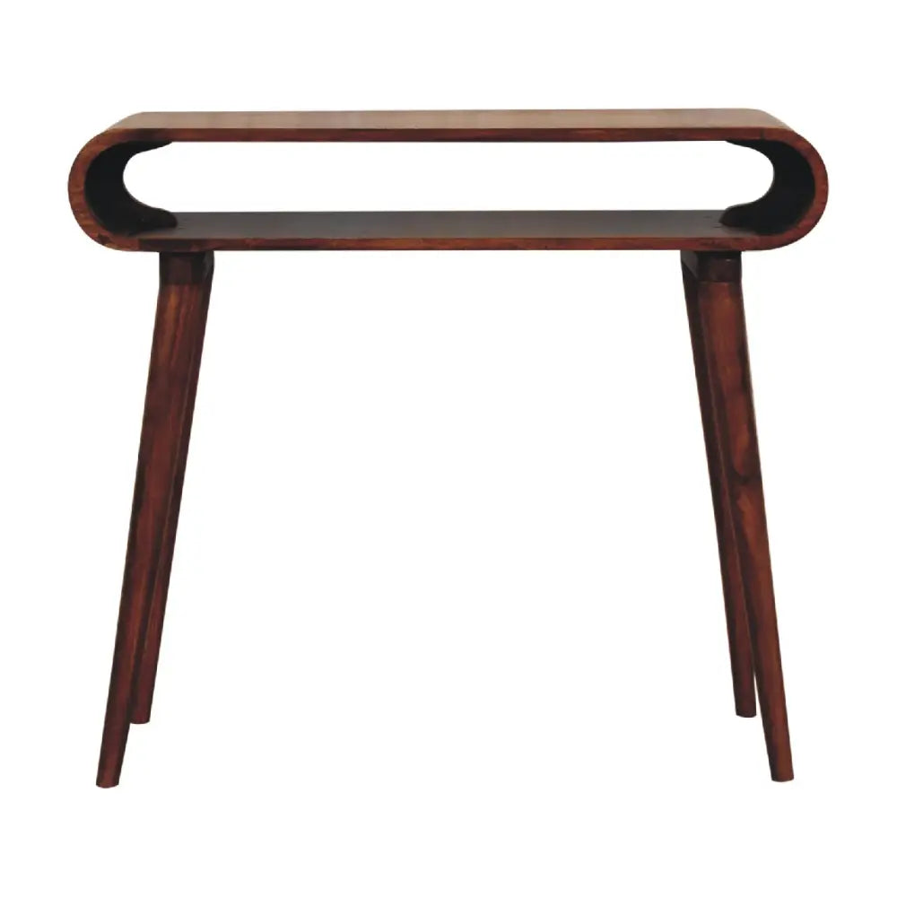 A sleek dark wood amaya nordic style console table with a curved top and tapered legs perfect for entryways