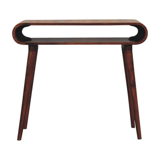 A sleek dark wood amaya nordic style console table with a curved top and tapered legs perfect for entryways