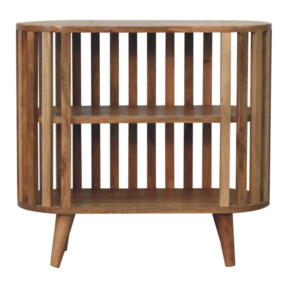 Ariella cabinet oval wooden side table with vertical slats and two shelves perfect for luxury furniture for modern homes