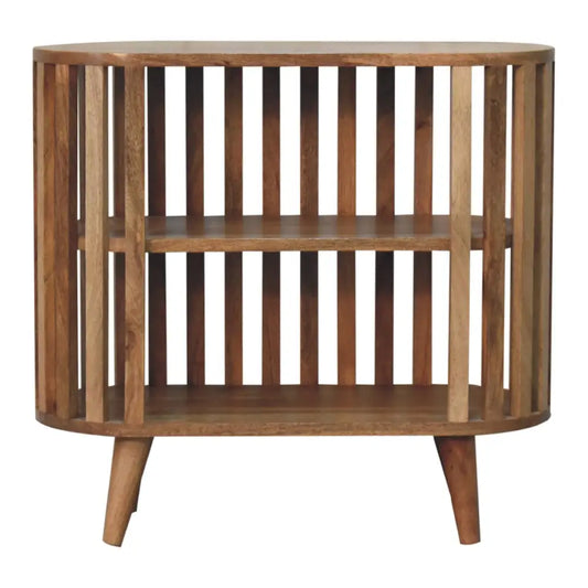 Ariella cabinet oval wooden side table with vertical slats and two shelves perfect for luxury furniture for modern homes