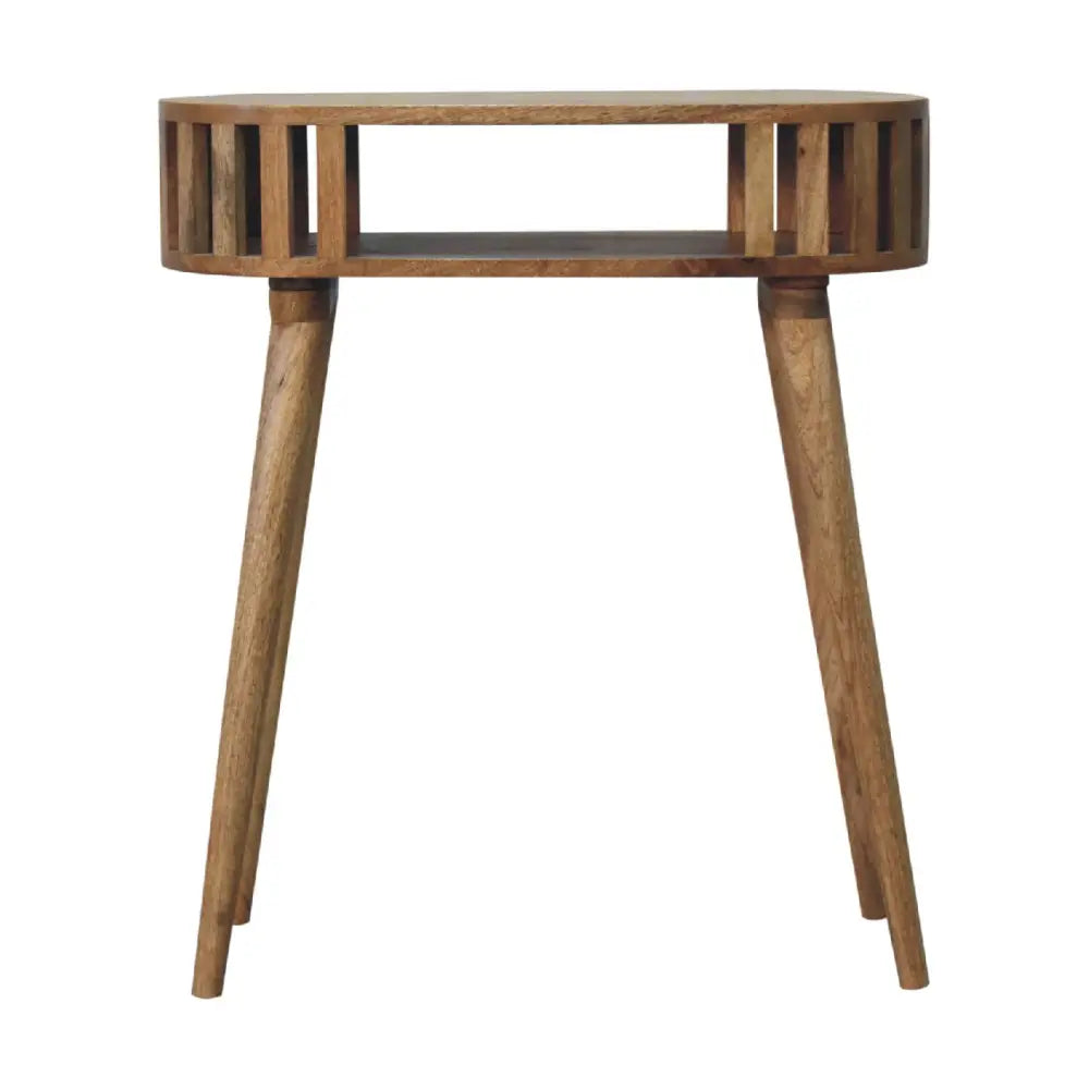 Rustic wooden ariella console table with slatted top and tapered legs perfect for entryway or living room use