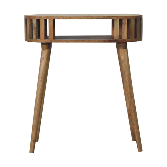 Rustic wooden ariella console table with slatted top and tapered legs perfect for entryway or living room use